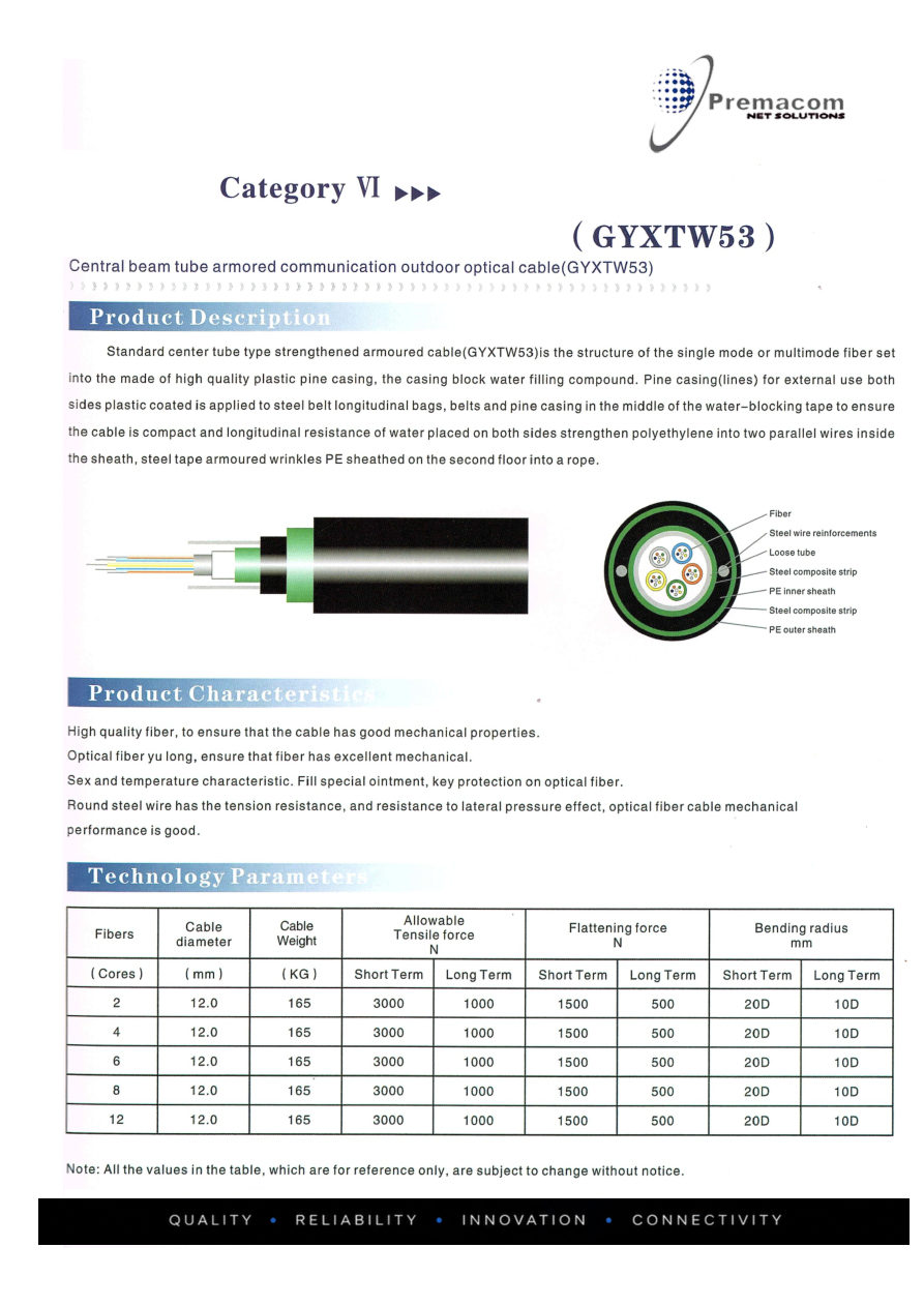 Central Beam Tube Armored Outdoor Optical Cable - GYXTW53 catalogue page