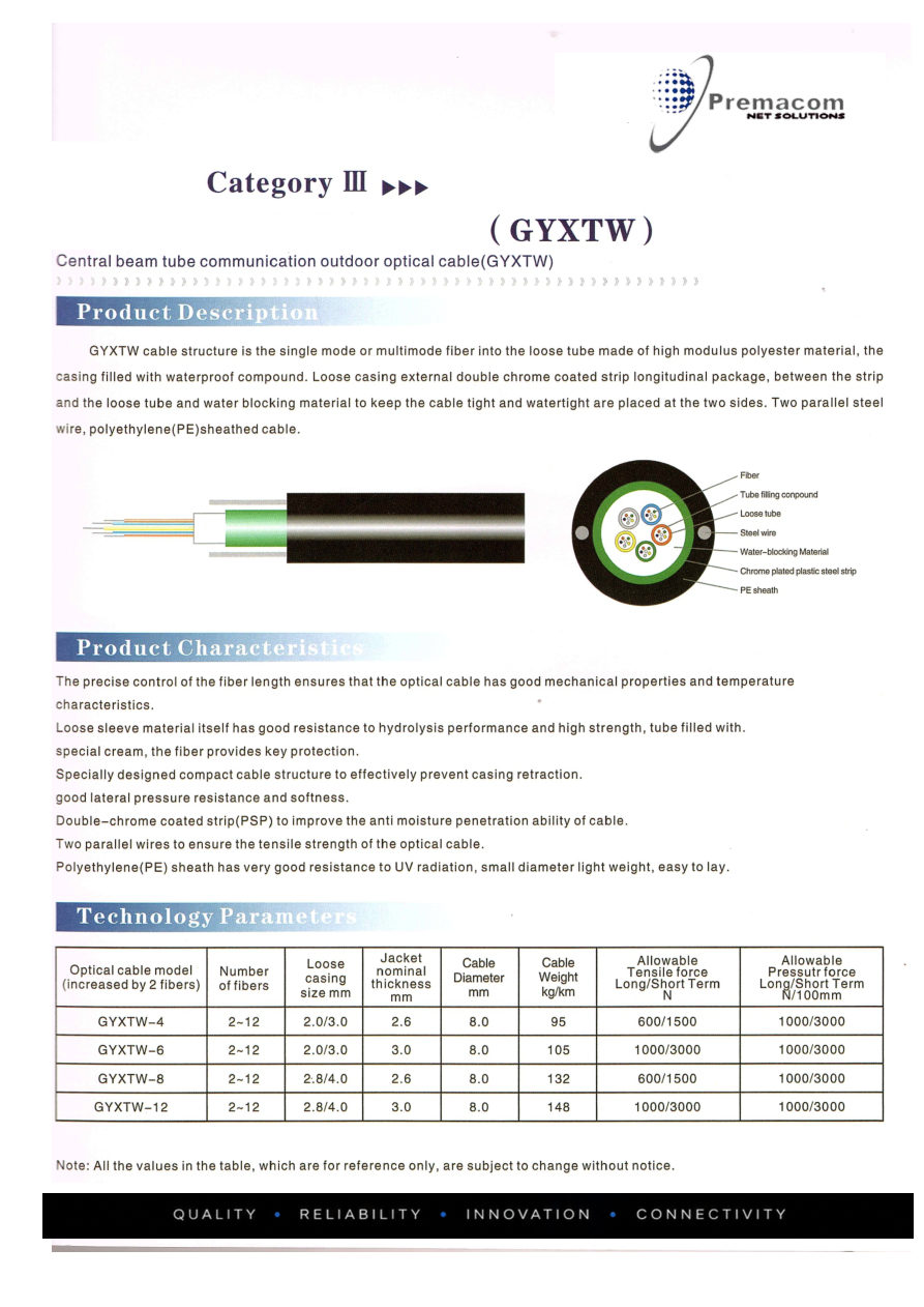 Central Beam Tube Outdoor Optical Cable - GYXTW catalogue page