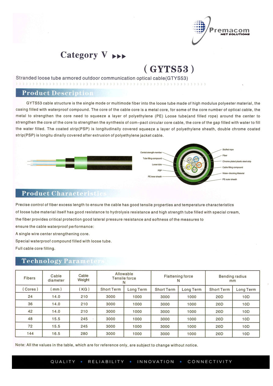 Stranded Loose Tube Armored Outdoor Optical Cable - GYTS53 catalogue page